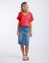 V Neck Calypso Linen Short Sleeve Top - Raspberry
