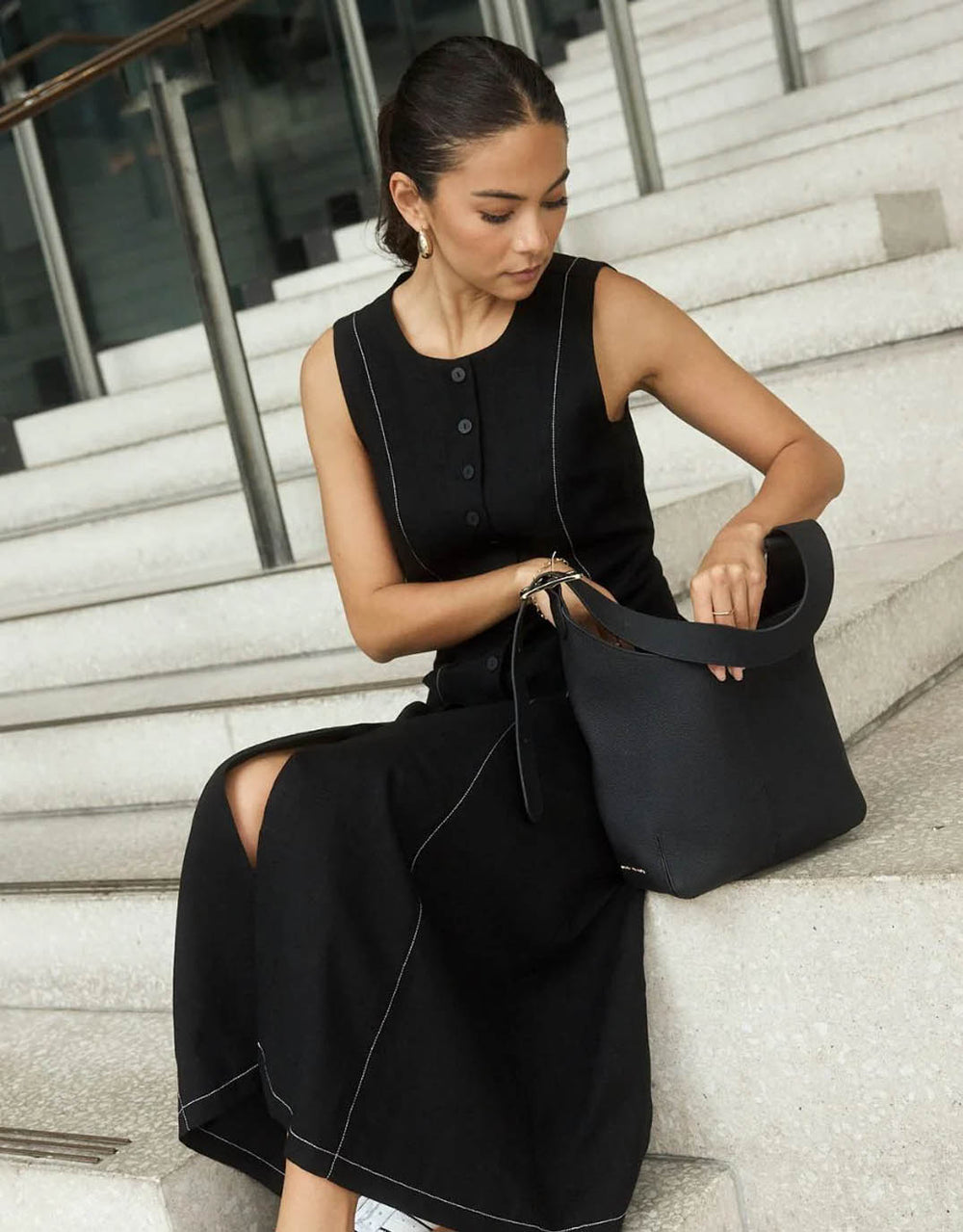 Guide Contrast Stitch Maxi Vest Dress - Black