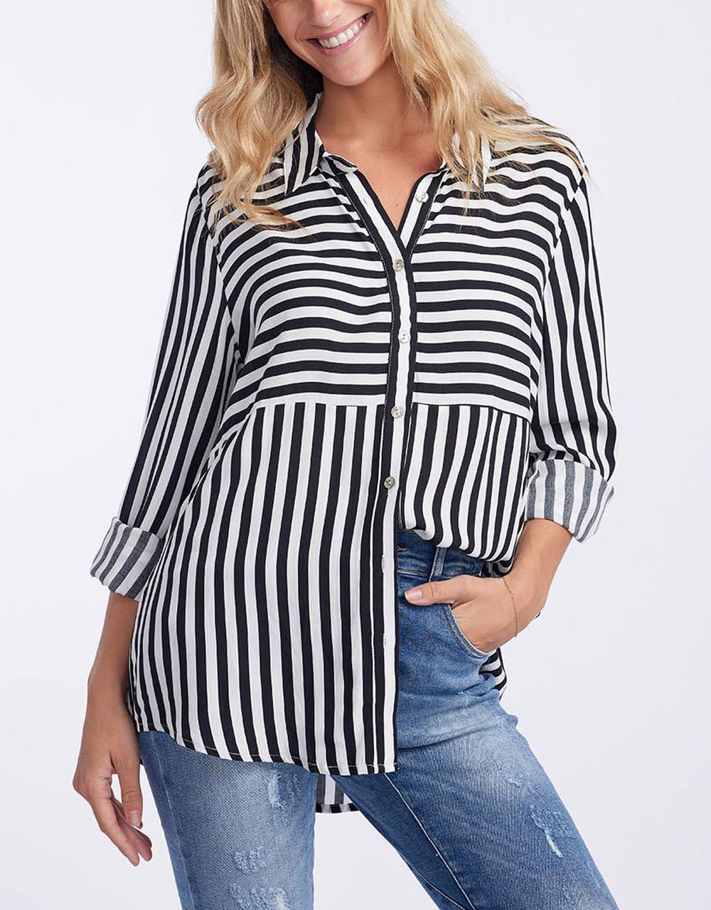 Threadz - Tina Stripe Shirt - Black/White - White & Co Living Tops