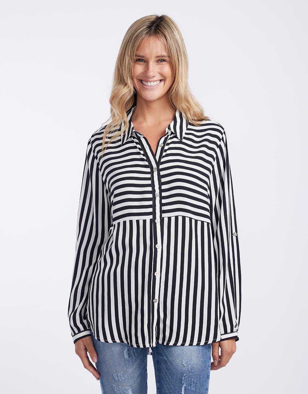 Threadz - Tina Stripe Shirt - Black/White - White & Co Living Tops