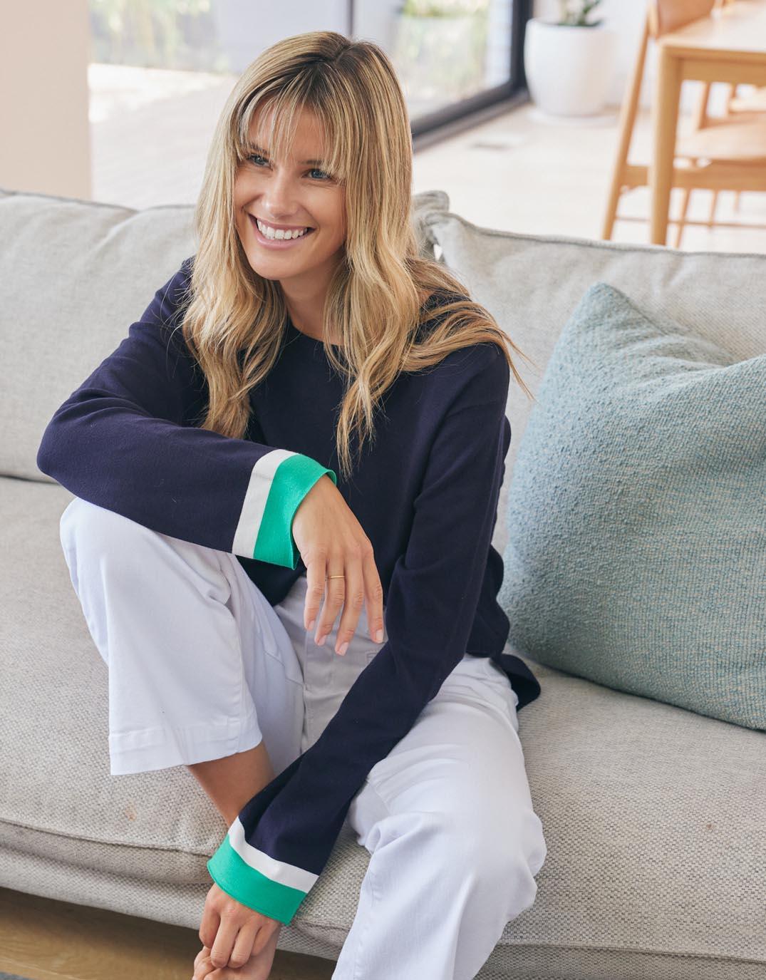 White & Co. - Giselle Lightweight Knit Top - Navy/Green/White - White & Co Living Knitwear