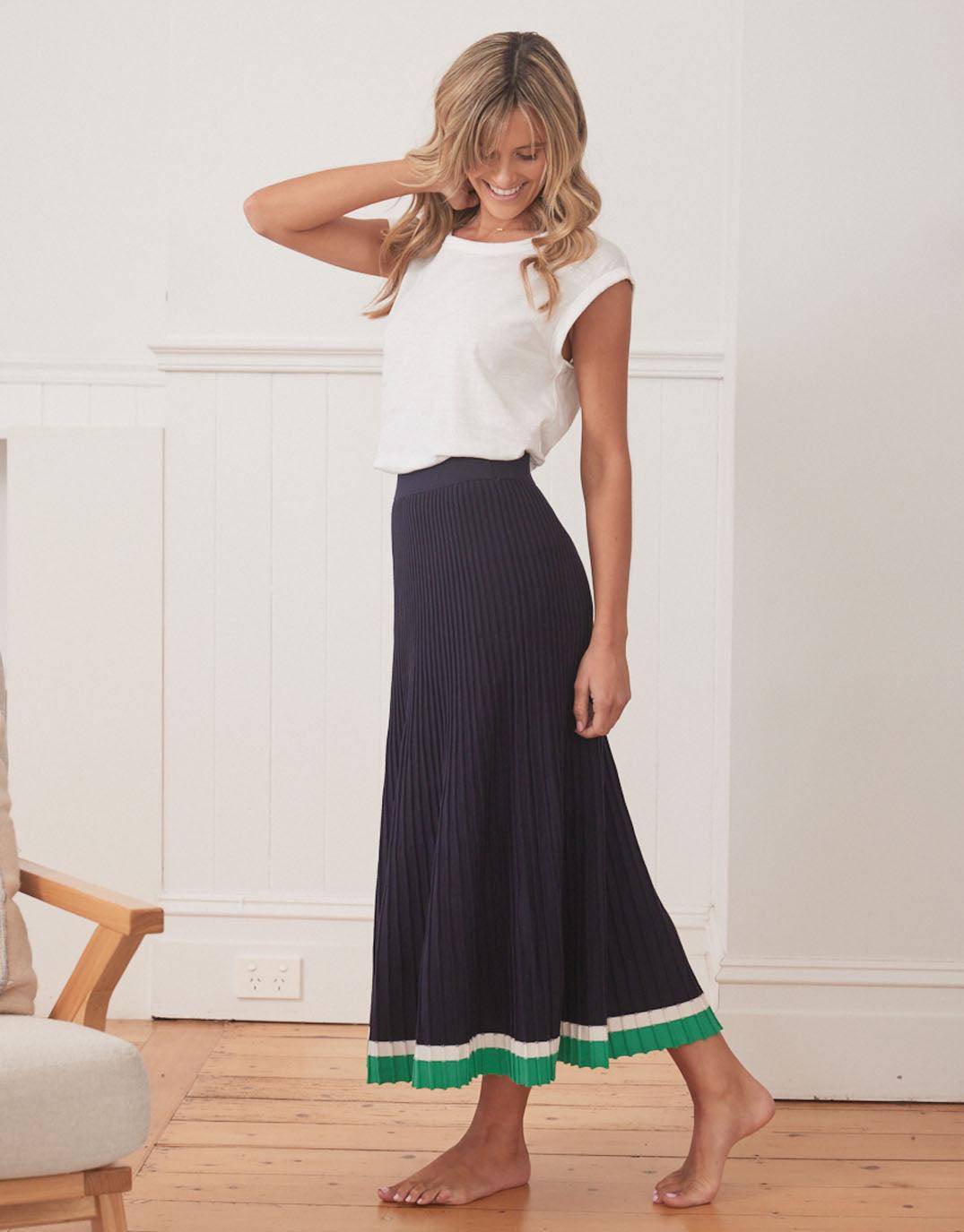 White & Co. - Giselle Rib Skirt - Navy/Green/White - White & Co Living Skirts