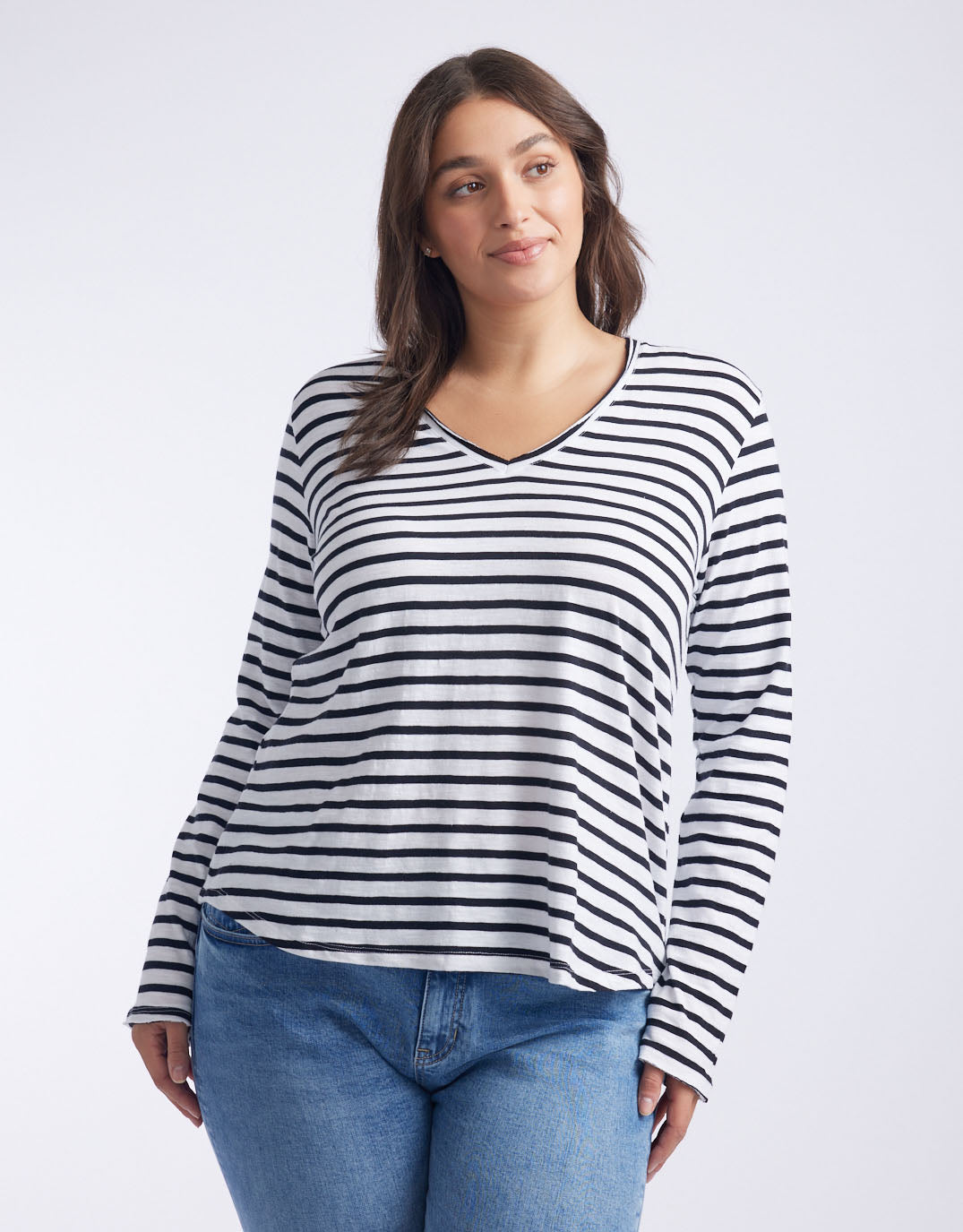 White & Co. - Original V-Neck Long Sleeve T-Shirt - Black/White Stripe - White & Co Living Tops