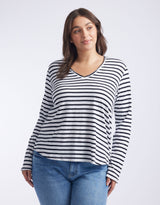 White & Co. - Original V-Neck Long Sleeve T-Shirt - Black/White Stripe - White & Co Living Tops