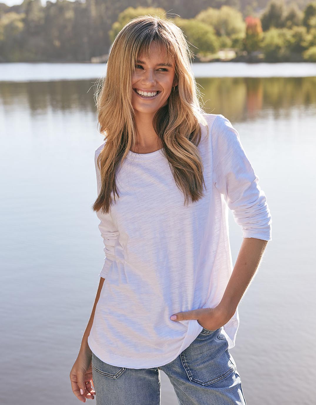 Buy Essential Scoop Hem Long Sleeve T-shirt - White White & Co