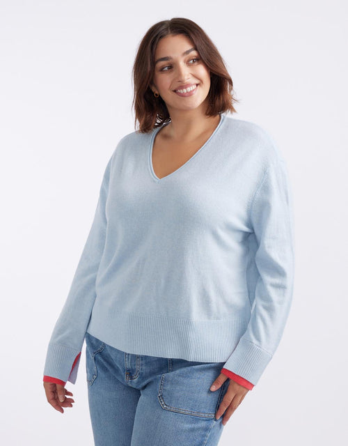 Upstate Wool Cashmere Double Cuff Knit Jumper - Ice Blue/Melon