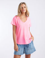 Sorbet Stripe Vee Neck Tee - Neon Pink