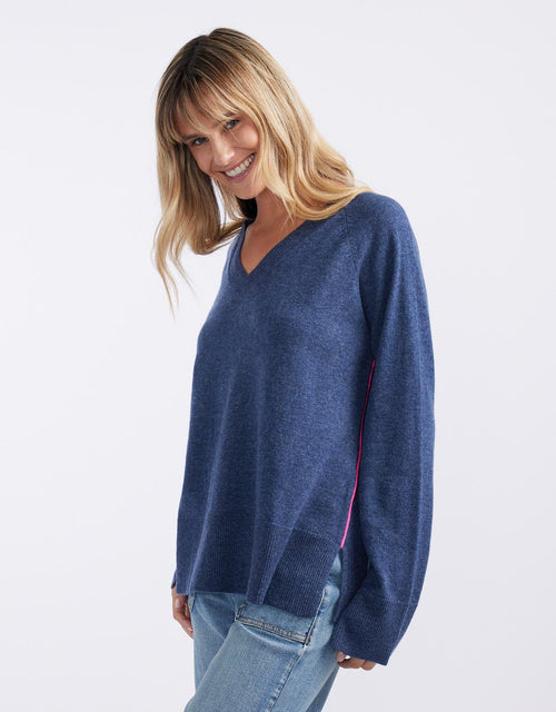 The French Quarter Wool Cashmere V Neck Knit Jumper - Denim/Neon Pink