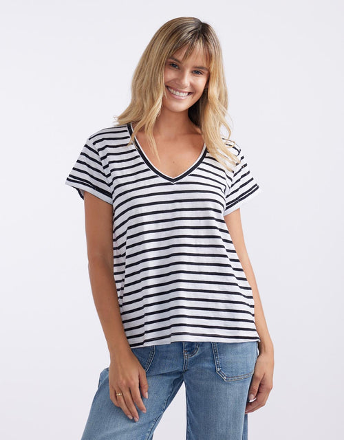 Turn Back V Neck T-Shirt - White/Black Stripe