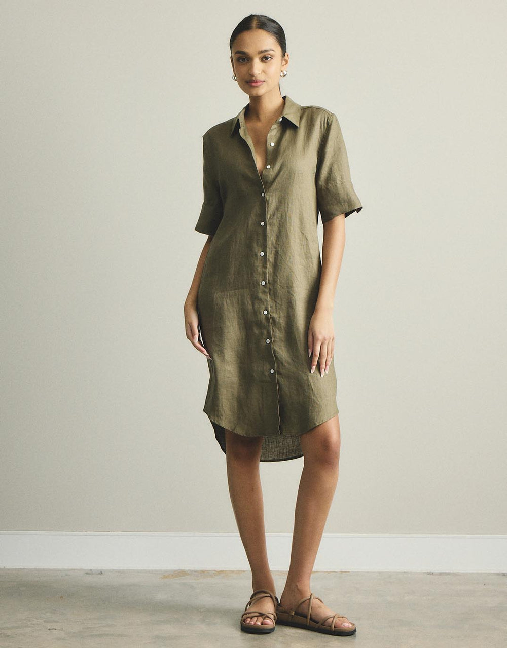 Hettie Linen Shirt Dress - Khaki White by FTL for Sale Online United States