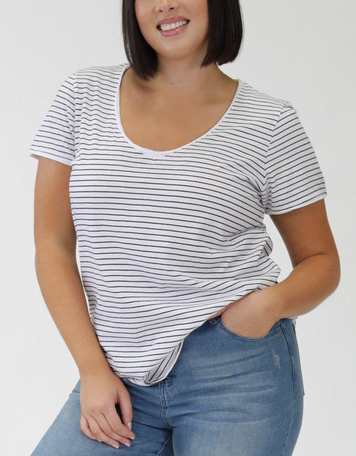 Plus Size Fundamental Vee Tee - Black and White Stripe Elm Embrace | Women's Plus Size Clothing