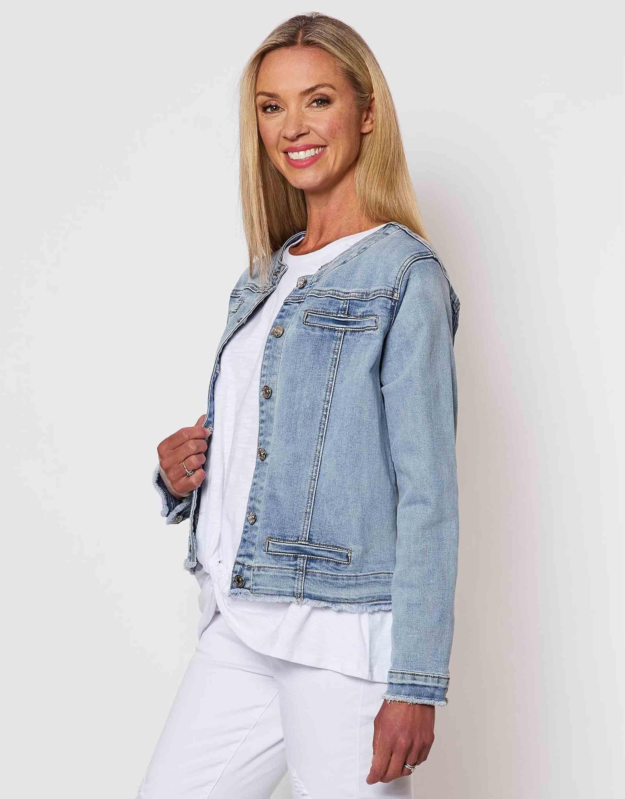 Ladies white hotsell collarless denim jacket