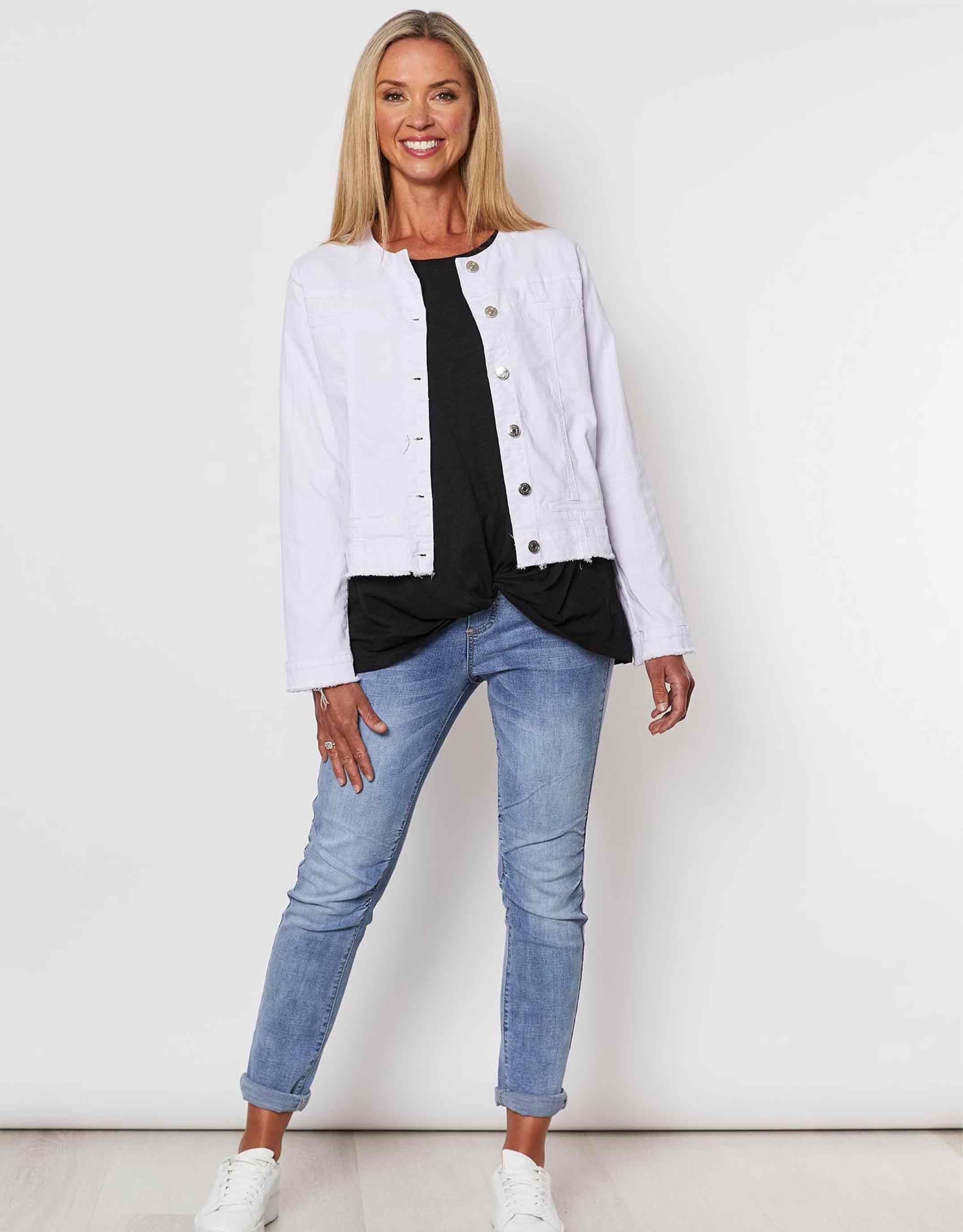 Buy Collarless Denim Jacket - White Threadz for Sale Online United 