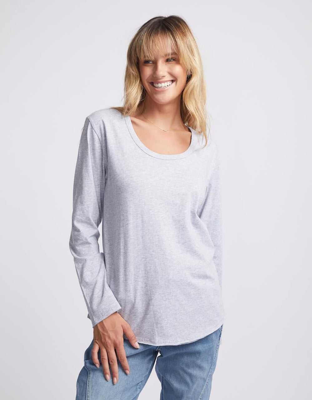 White & Co. - Original Round Neck Long Sleeve T-Shirt - Grey Marle - White & Co Living Tops