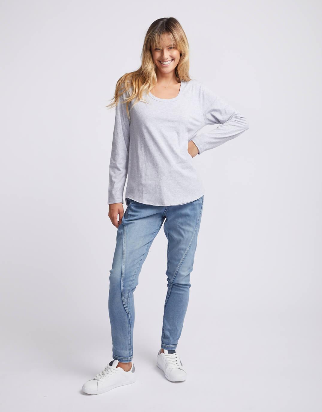 White & Co. - Original Round Neck Long Sleeve T-Shirt - Grey Marle - White & Co Living Tops