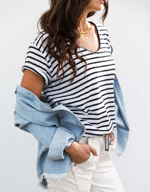 White & Co. - Original V Neck T-Shirt - Black/White Stripe - White & Co Living Tops